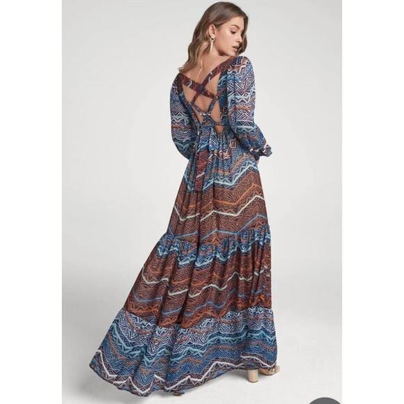 Venus Size 8 Medium Blue Rust Boho Balloon Sleeve Chiffon Tiered Maxi Dress - Picture 7 of 8